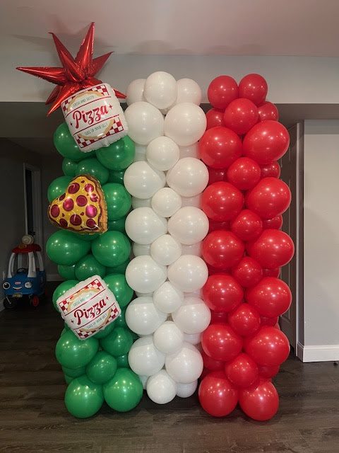 Green, white and red balloon columns with pizza foil accents for an Italian themed party