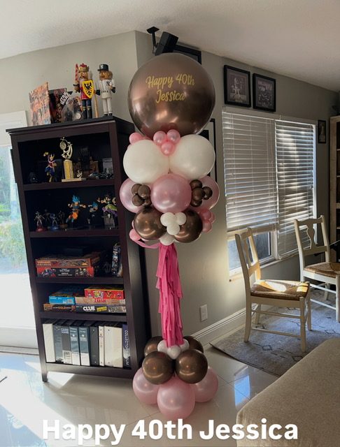 Rose gold, blush and white balloon column topped with a personalized Happy 40th orb